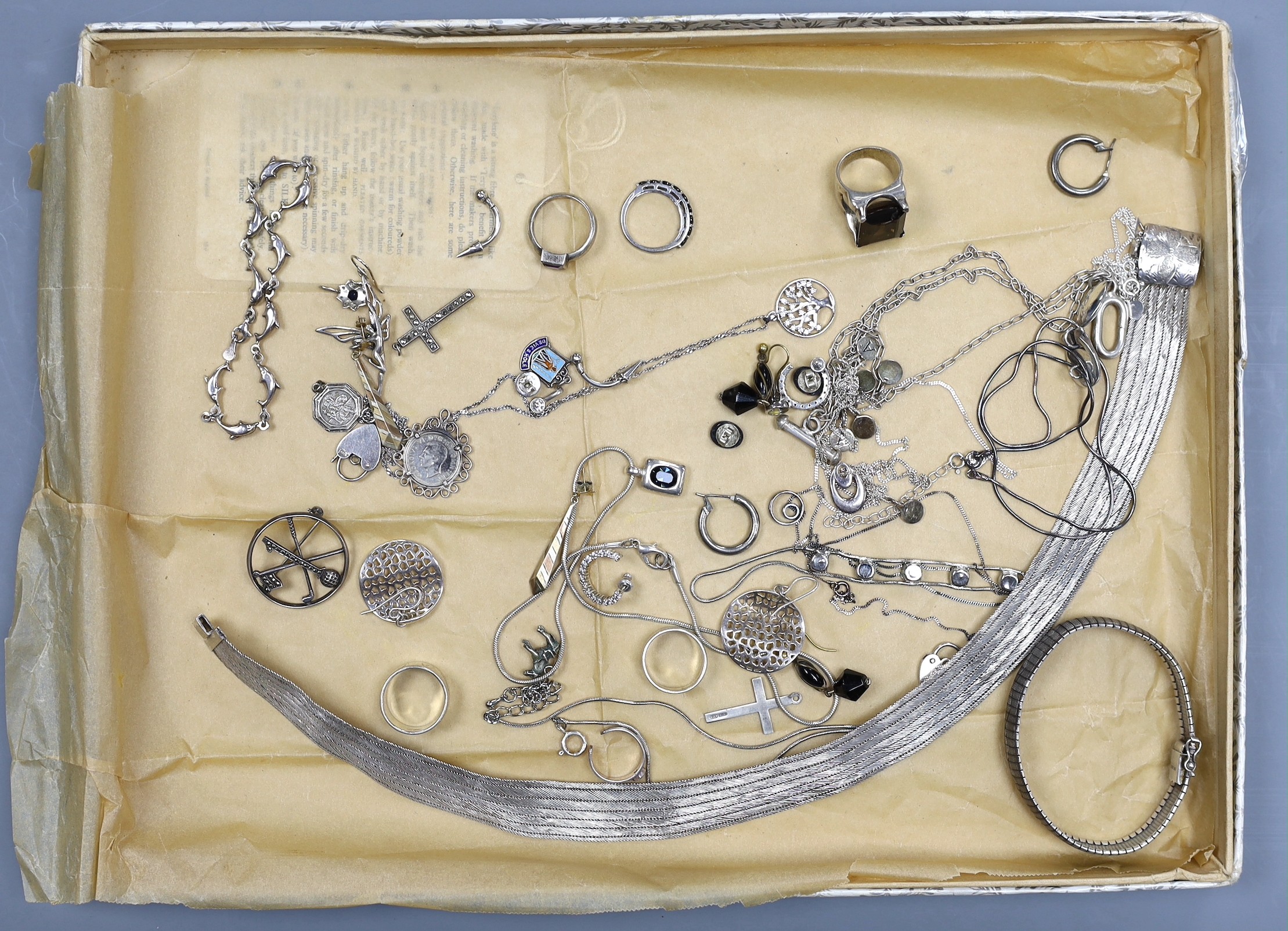 A collection of assorted silver and white metal jewellery, including marcasite